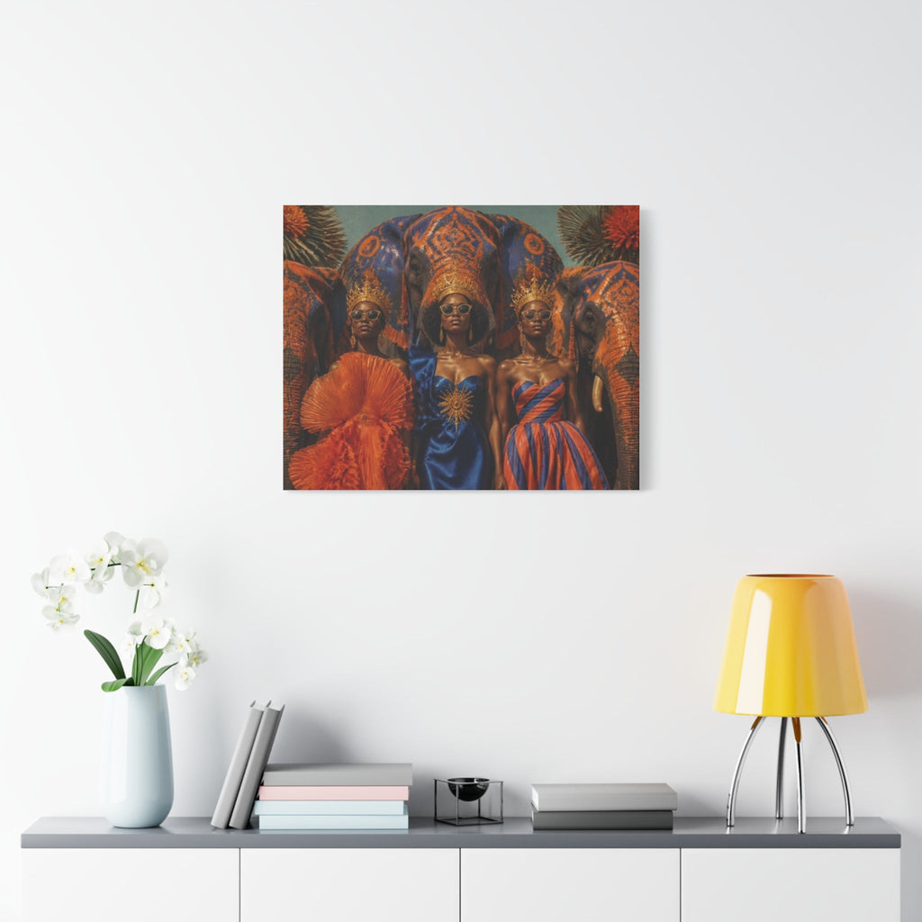 PURETE matte canvas wall art featuring three women in regal attire and elephant imagery hanging above a modern console.