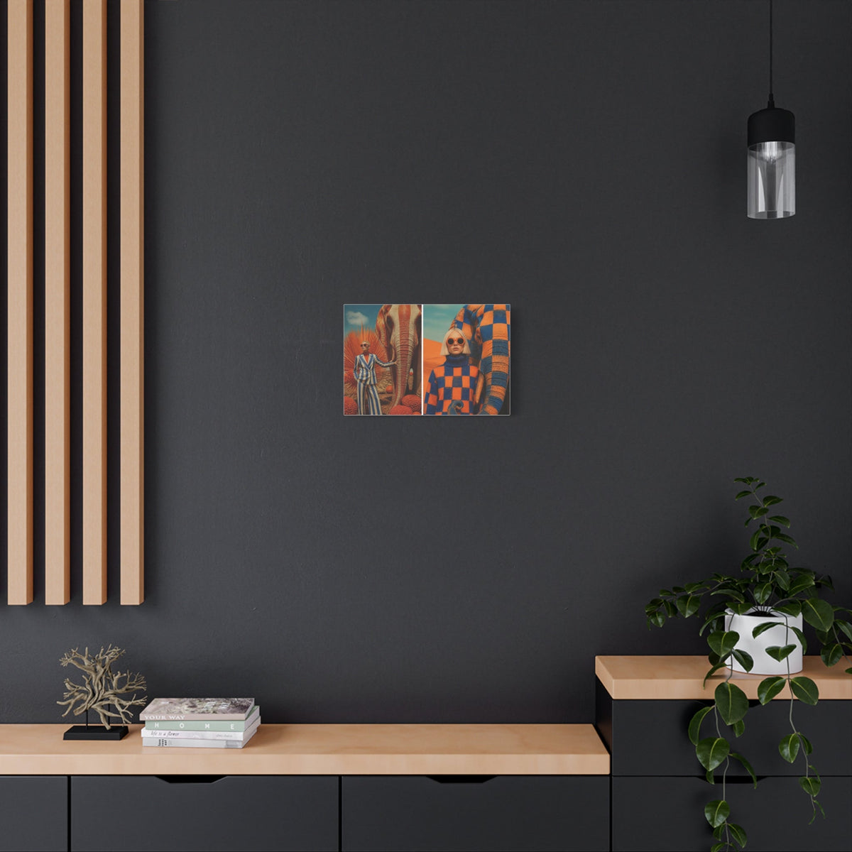 PURETE matte stretched canvas featuring surreal artwork hanging on a dark grey wall above a modern wooden console.
