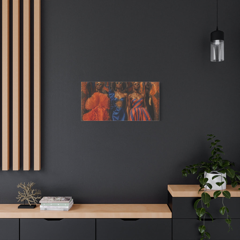 PURETE matte canvas print featuring a vibrant fashion portrait hanging on a dark grey wall above a wooden console