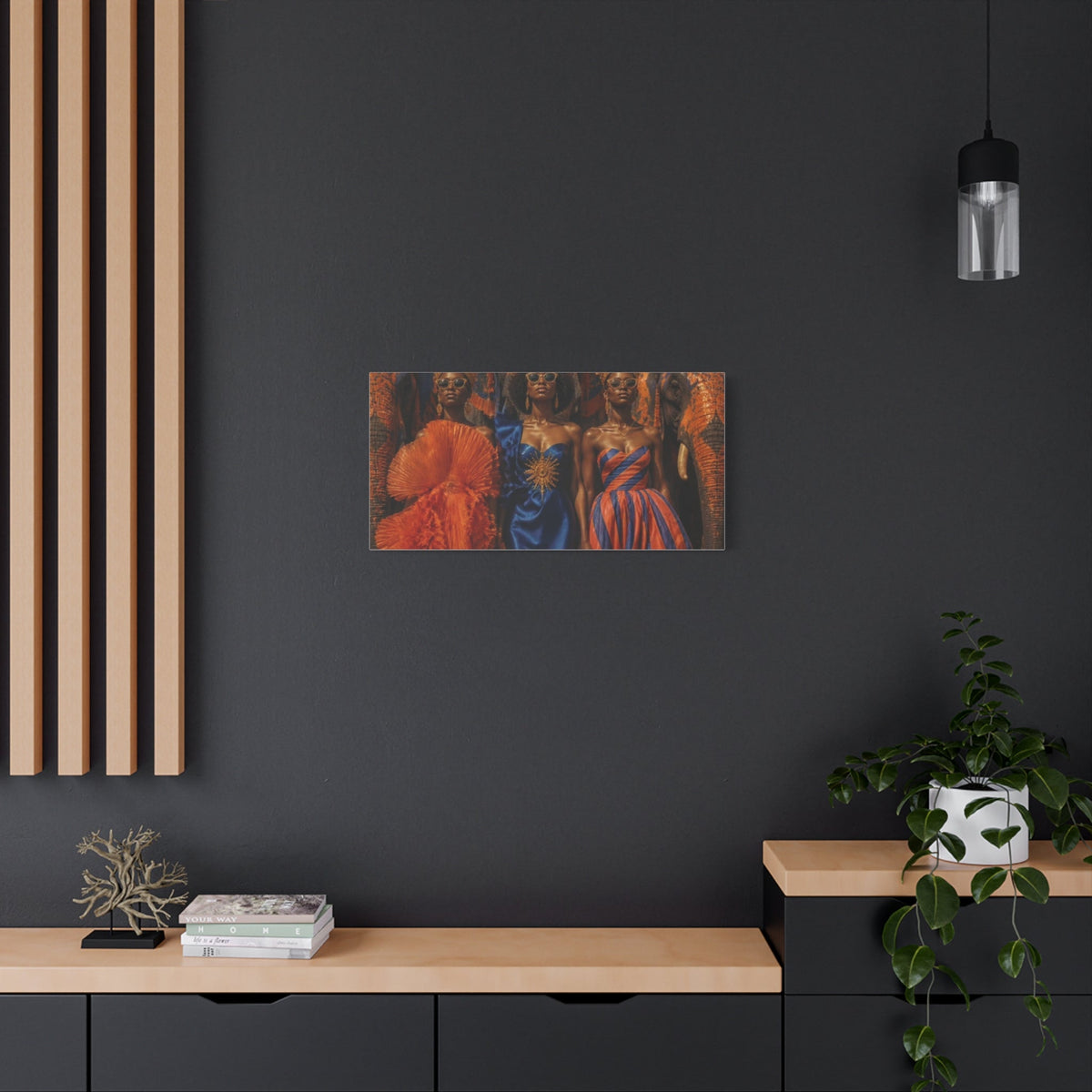 PURETE matte canvas print featuring a vibrant fashion portrait hanging on a dark grey wall above a wooden console