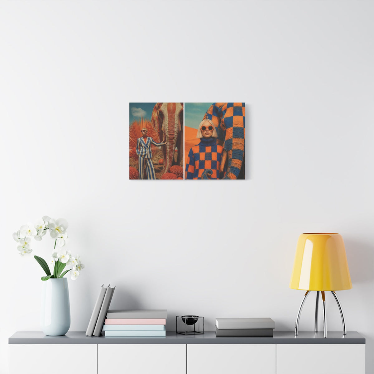 PURETE matte canvas wall art featuring a surreal orange and blue checkered design hanging above a modern console table.