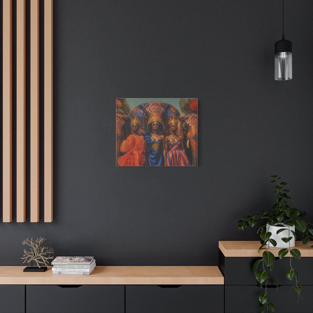 PURETE matte canvas wall art featuring three women in ornate crowns and vibrant dresses against a dark grey wall.