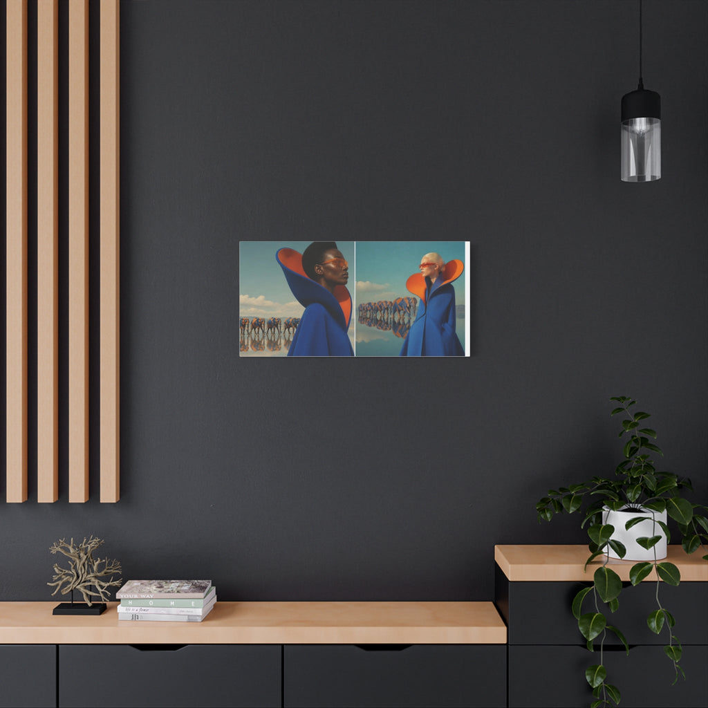 PURETE matte canvas featuring a surreal fashion print hanging on a dark grey wall above a modern wooden console table.