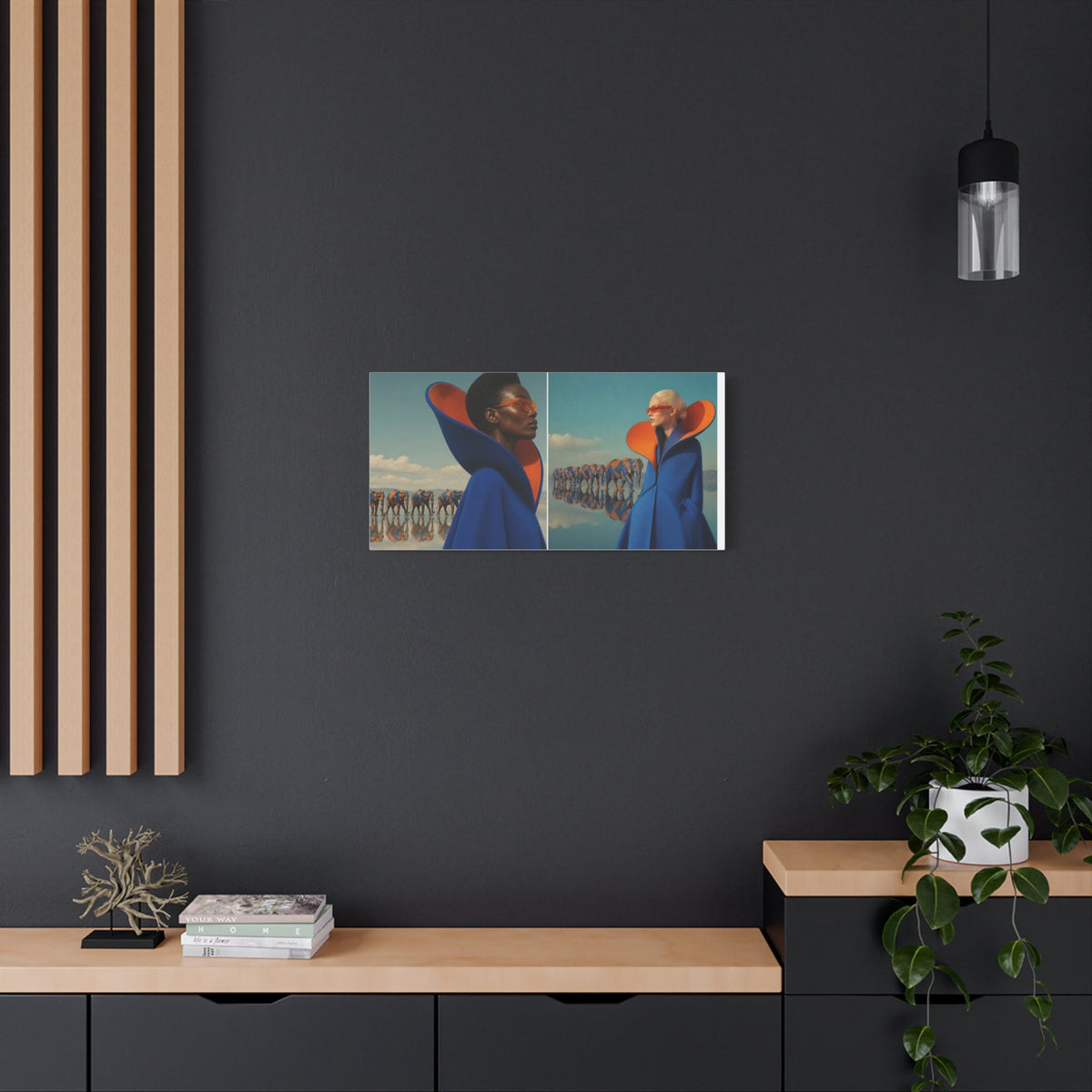 PURETE matte canvas featuring a surreal fashion print hanging on a dark grey wall above a modern wooden console table.