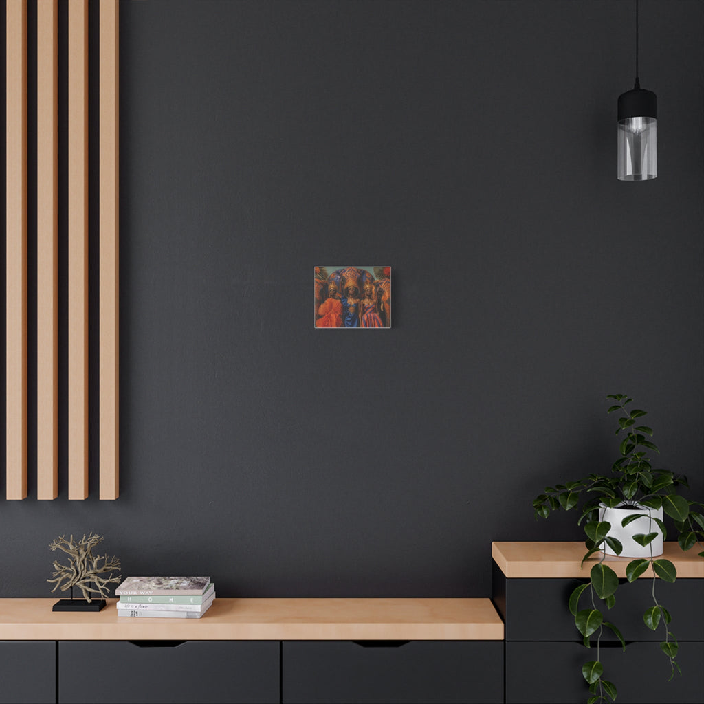 PURETE matte canvas wall art featuring a vibrant painting hanging on a dark grey wall above a wooden console table.