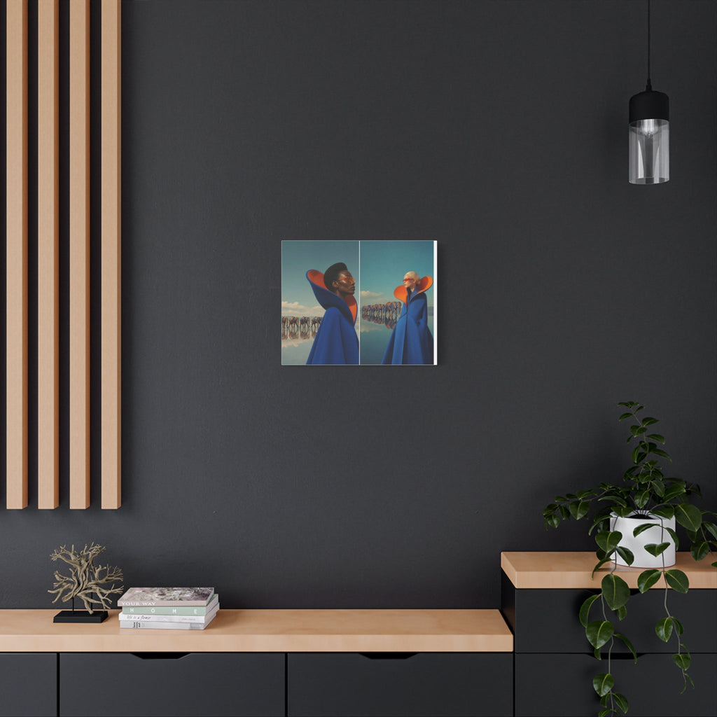 PURETE matte canvas print featuring a surreal fashion portrait hanging on a dark grey wall above a wooden console.