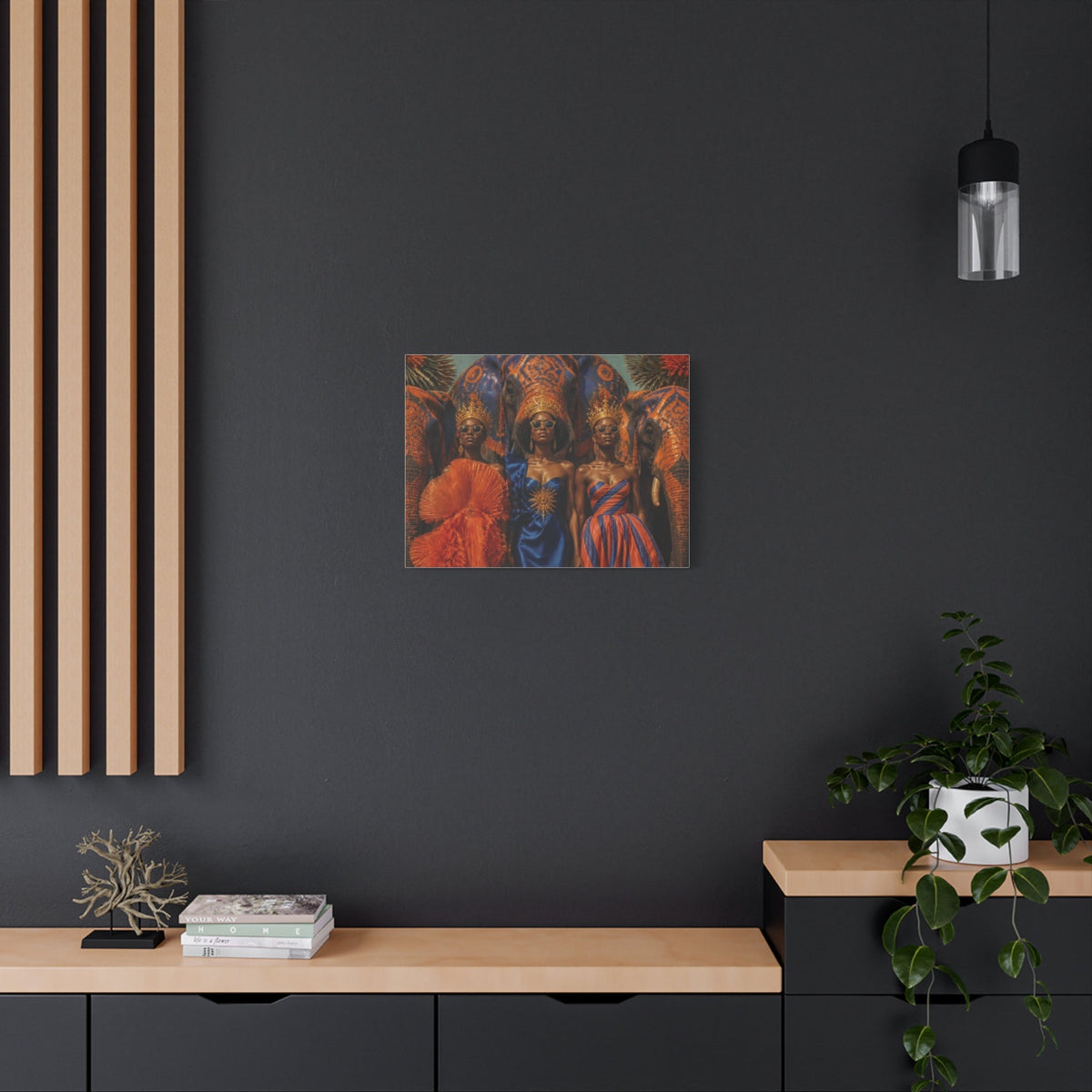PURETE matte stretched canvas featuring vibrant African-inspired art hanging on a dark grey wall above a wooden console.