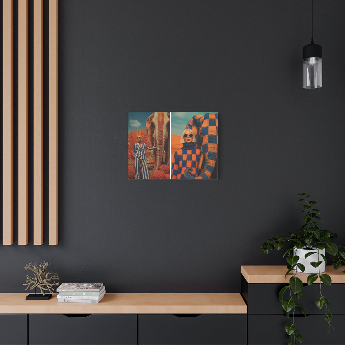 PURETE matte canvas featuring surreal fashion photography hanging on a dark grey wall above a wooden console table.