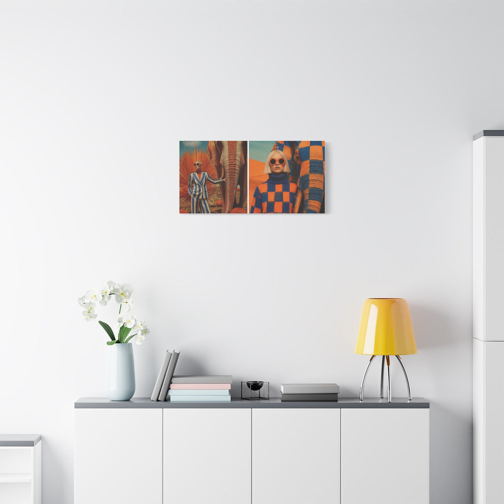 PURETE matte canvas wall art featuring a split-panel fashion print hanging above a modern white sideboard with a lamp.
