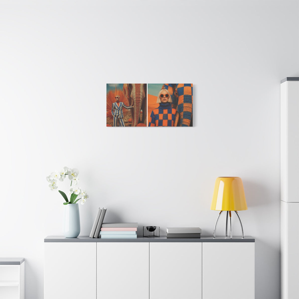 PURETE matte canvas wall art featuring a split-panel fashion print hanging above a modern white sideboard with a lamp.