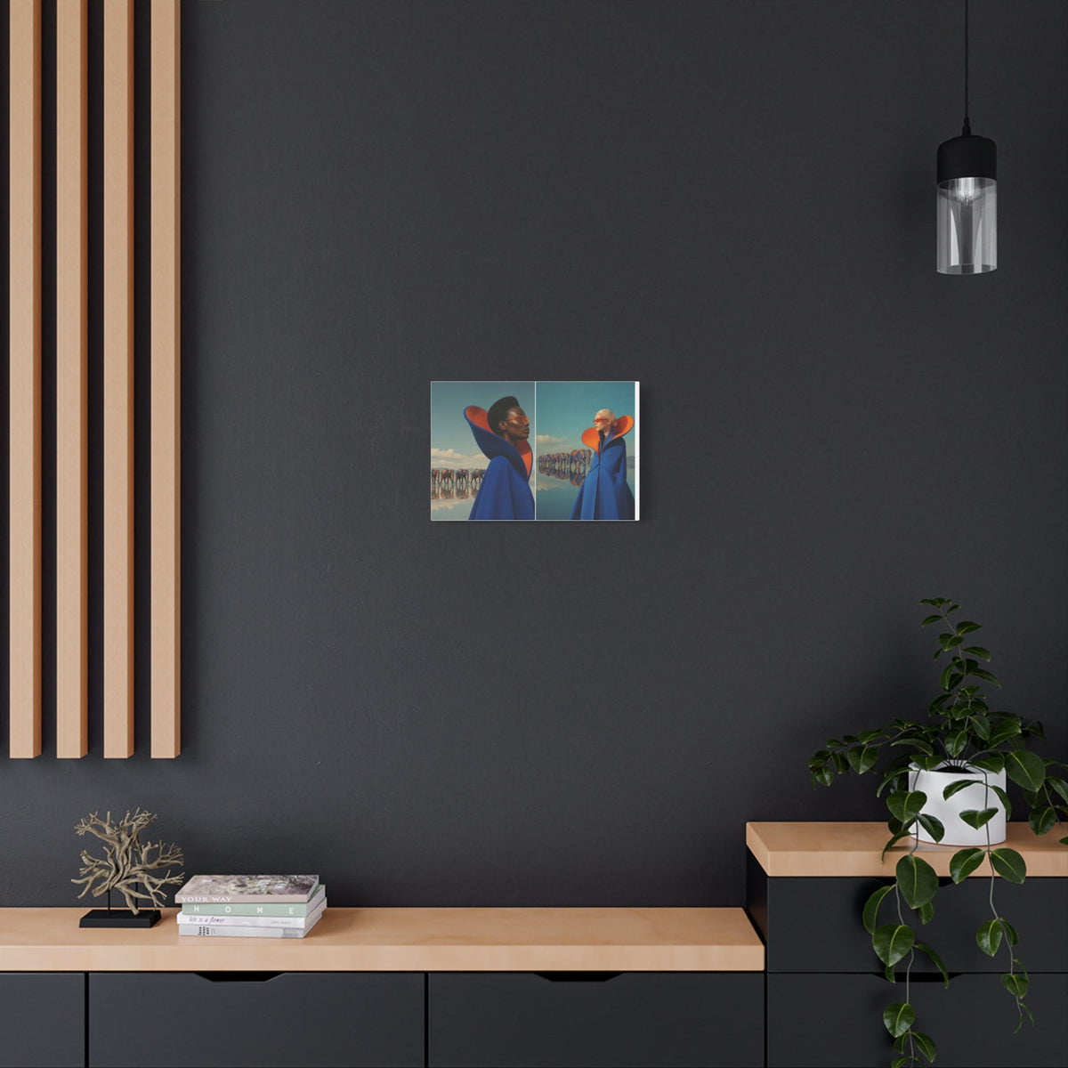 PURETE matte canvas print featuring artistic portraits of two people in blue coats, displayed on a dark grey wall.