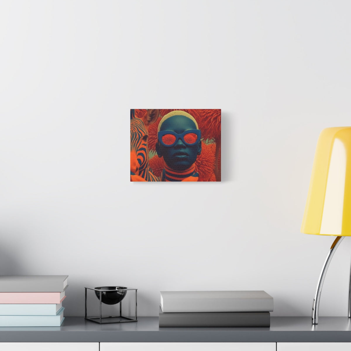 PURETE matte stretched canvas featuring vibrant pop art portrait of a person with a zebra on a white wall