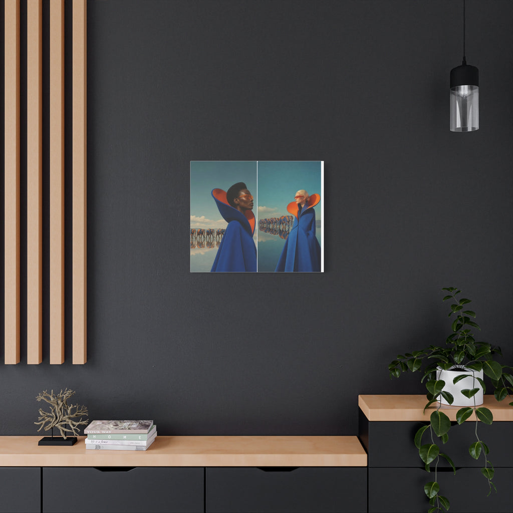 PURETE matte canvas print featuring surreal fashion art hanging on a dark grey wall above a wooden console table.