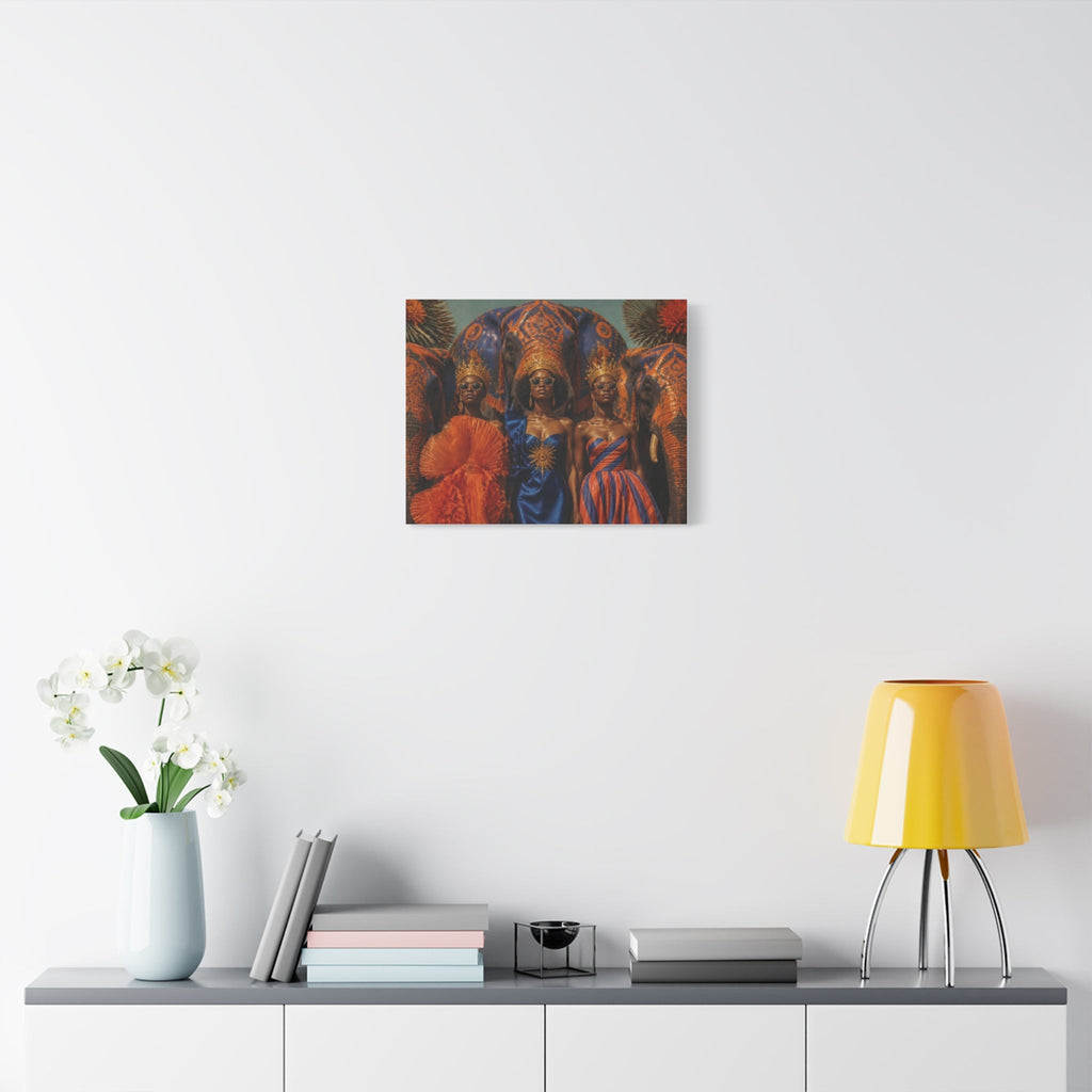 PURETE matte canvas print featuring three regal women in ornate attire with an elephant, displayed on a white wall.