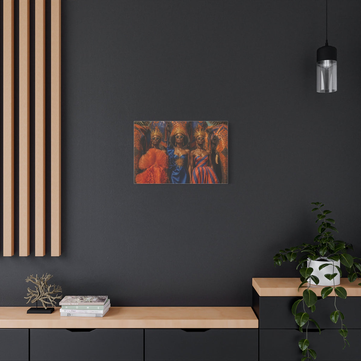 PURETE matte canvas featuring vibrant portrait art hanging on a dark grey wall above a modern wooden console table.