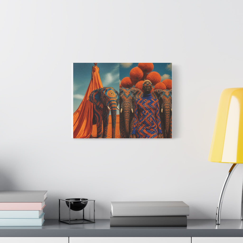 PURETE matte canvas wall art featuring vibrant orange and blue surreal elephant and fashion photography print