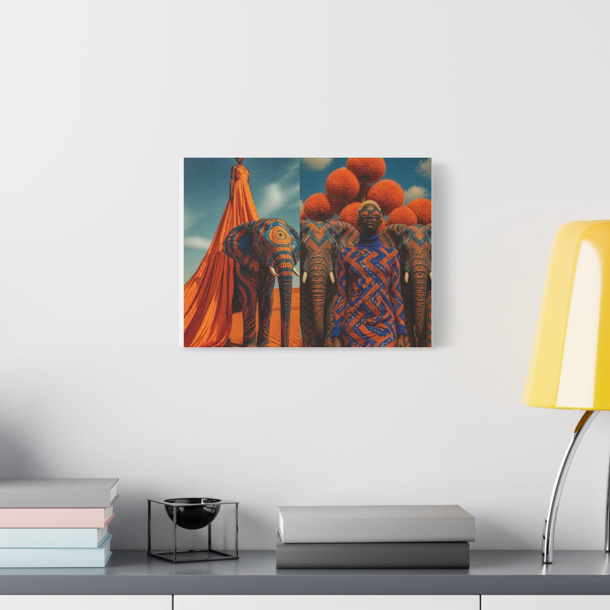 PURETE matte canvas wall art featuring vibrant orange and blue surreal elephant and fashion photography print