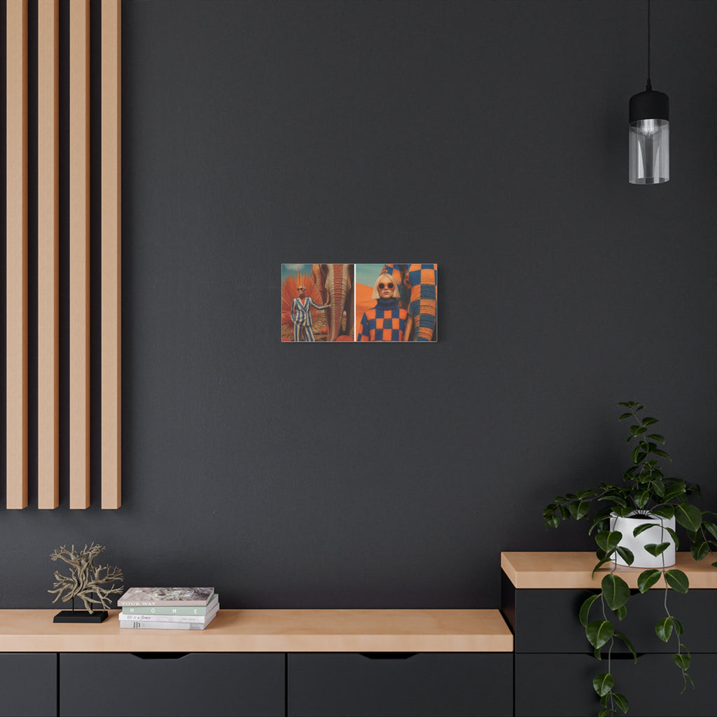 PURETE matte canvas print featuring a split-panel fashion art piece displayed on a dark grey wall above a wooden shelf.