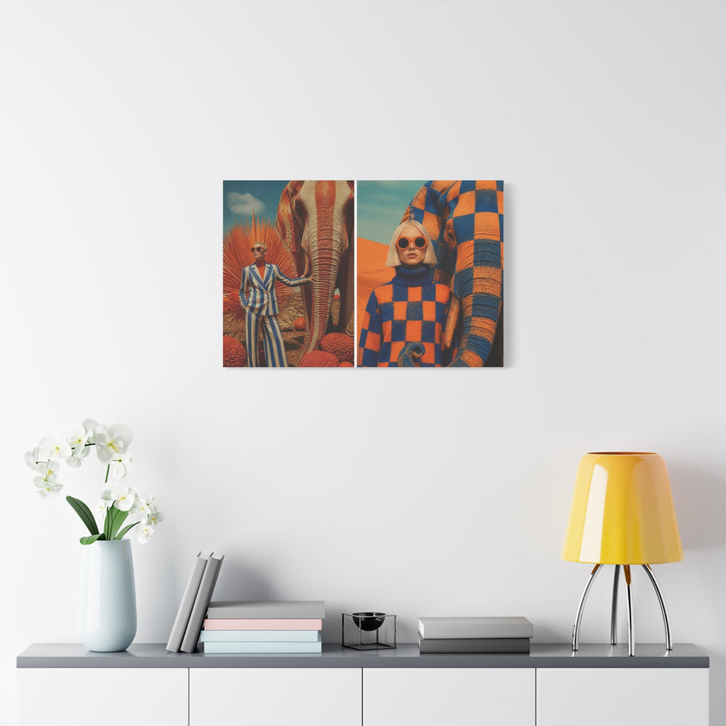 PURETE matte canvas wall art featuring surreal orange and blue photography displayed above a modern console table.
