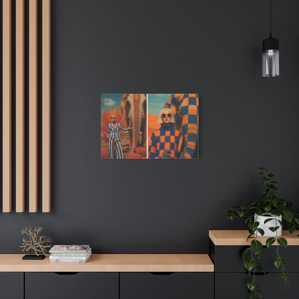 PURETE matte canvas wall art featuring a surreal orange and blue elephant print displayed on a dark grey wall.