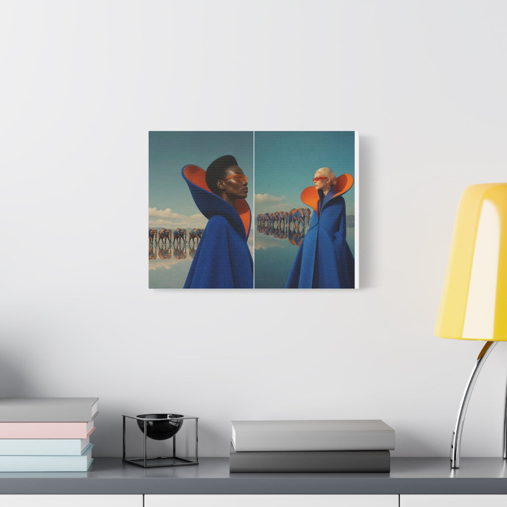 PURETE matte canvas wall art featuring a surreal diptych of two figures in blue coats with orange collars on a desk.