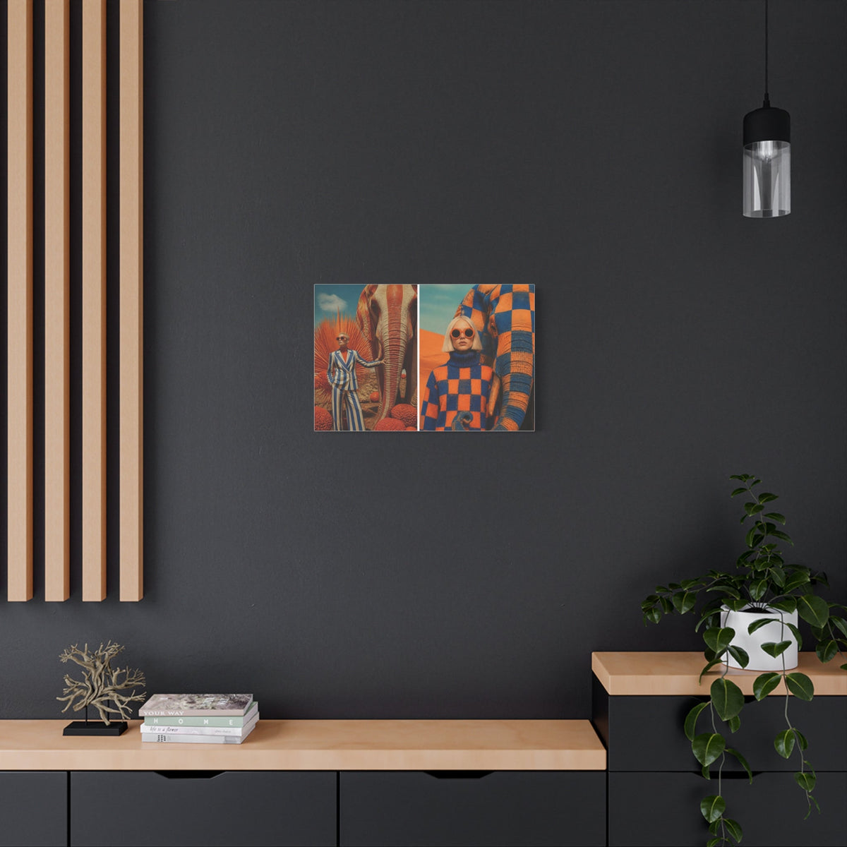 PURETE matte canvas print featuring a surreal elephant and woman portrait hanging on a dark grey wall above a console
