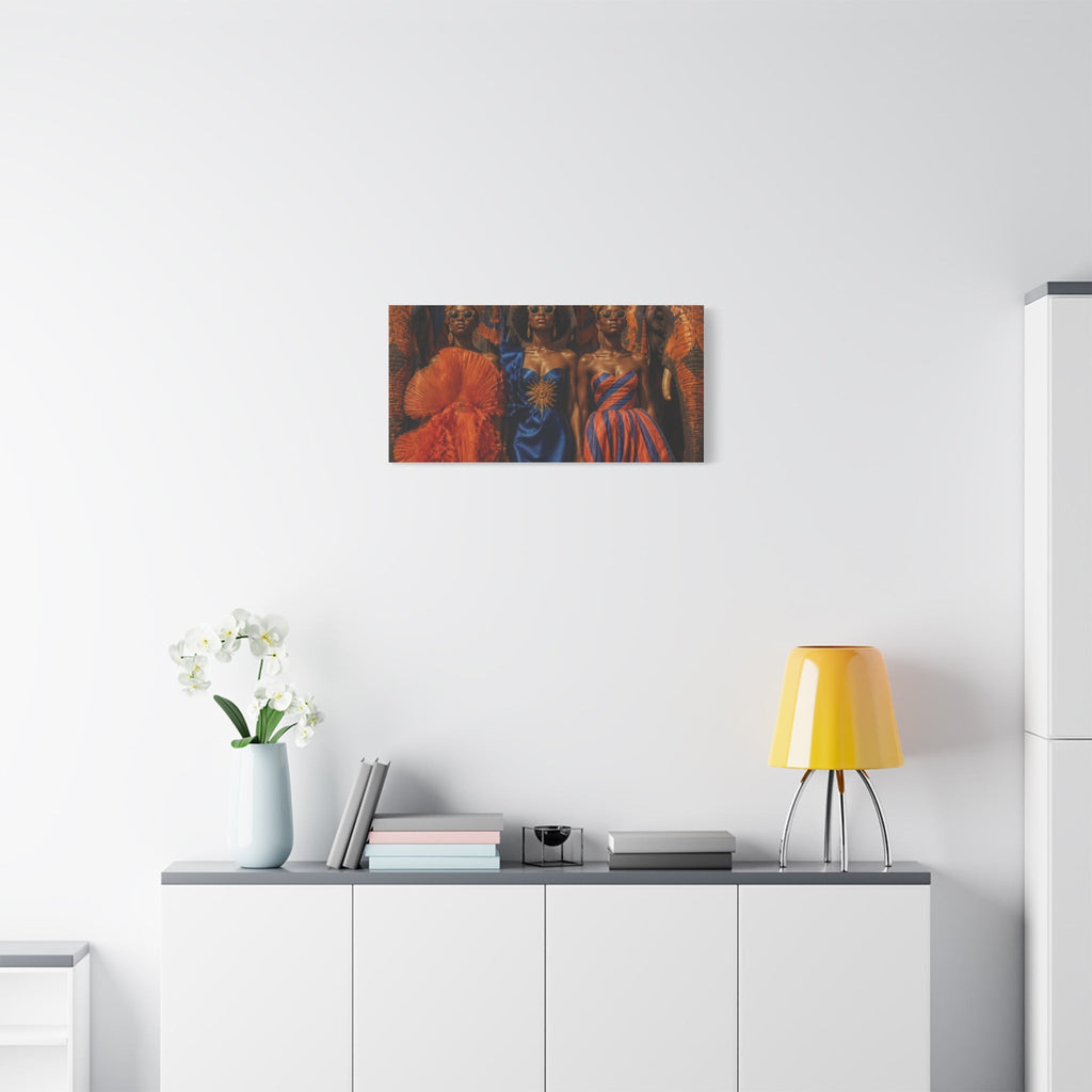 PURETE matte canvas print featuring three women in vibrant dresses, displayed on a white wall above a modern sideboard.