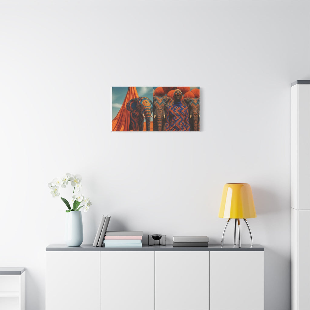 PURETE matte canvas print featuring vibrant elephant artwork hanging on a white wall above a modern sideboard.