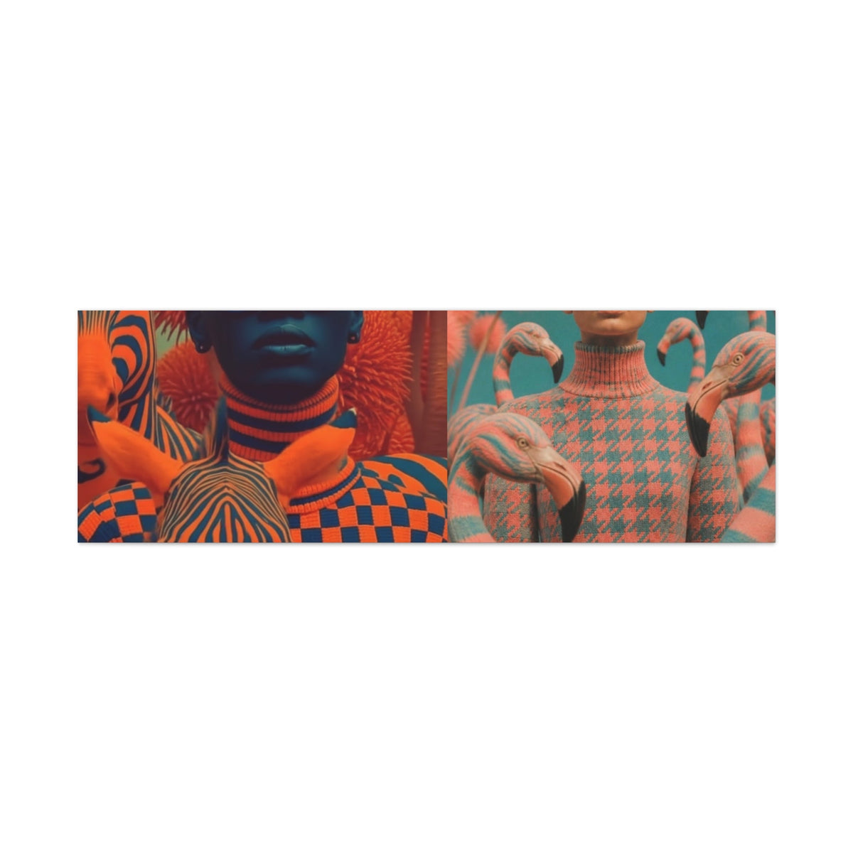 PURETE matte canvas featuring a split design with vibrant orange zebra patterns and blue and pink flamingo motifs.