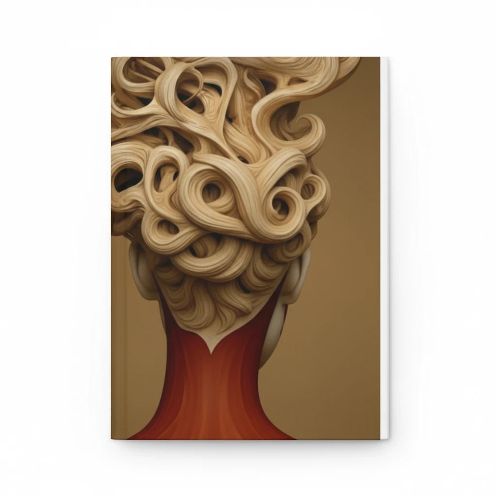 PURETE hardcover journal featuring a stylized illustration of a woman with intricate blonde curls and a red collar.