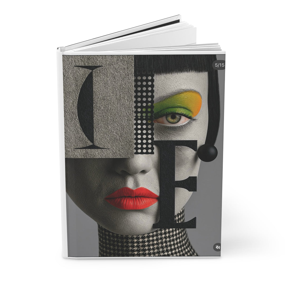 PURETE hardcover journal with a matte finish featuring a stylized artistic portrait of a woman with bold makeup
