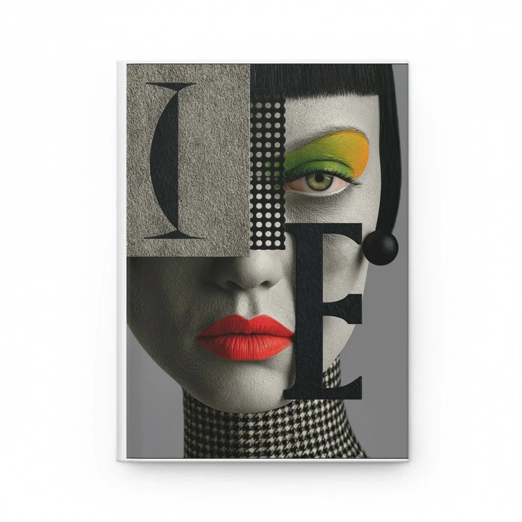 PURETE hardcover journal featuring a stylish artistic portrait with bold typography and vibrant makeup details.