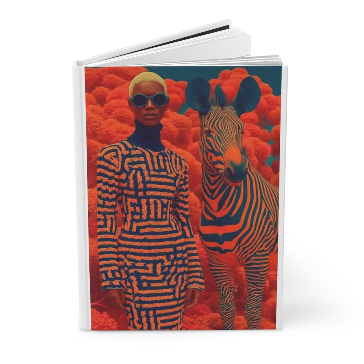 PURETE hardcover journal featuring a vibrant orange and blue artistic print of a woman and a zebra in a surreal style.