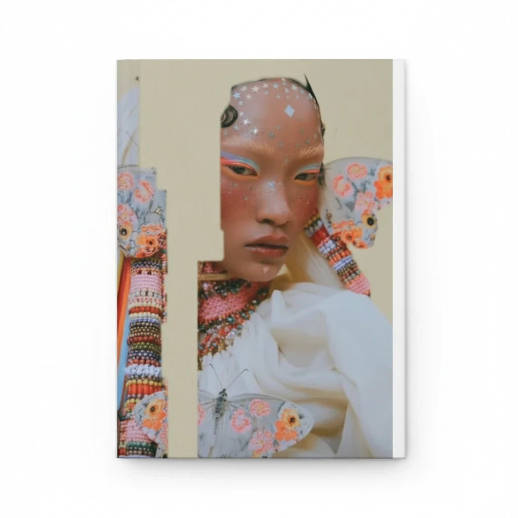 PURETE hardcover journal featuring a artistic portrait of a person with butterfly wings and vibrant makeup