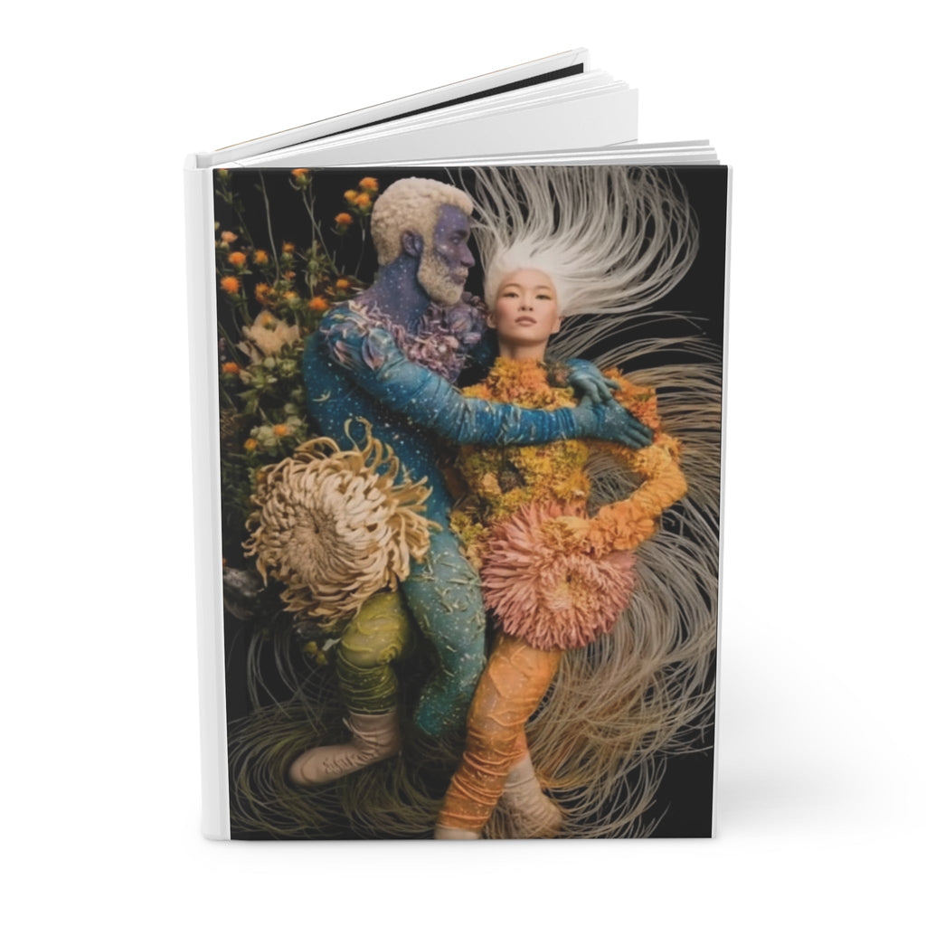 PURETE hardcover journal with a matte finish featuring a surreal artistic print of two figures amidst floral elements.