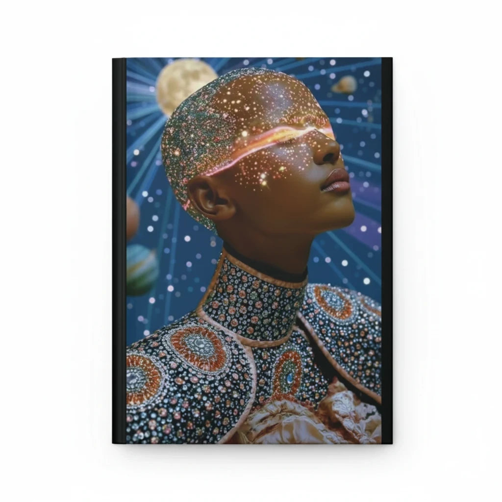 PURETE matte hardcover journal featuring a cosmic portrait of a person with starry skin and glowing eyes