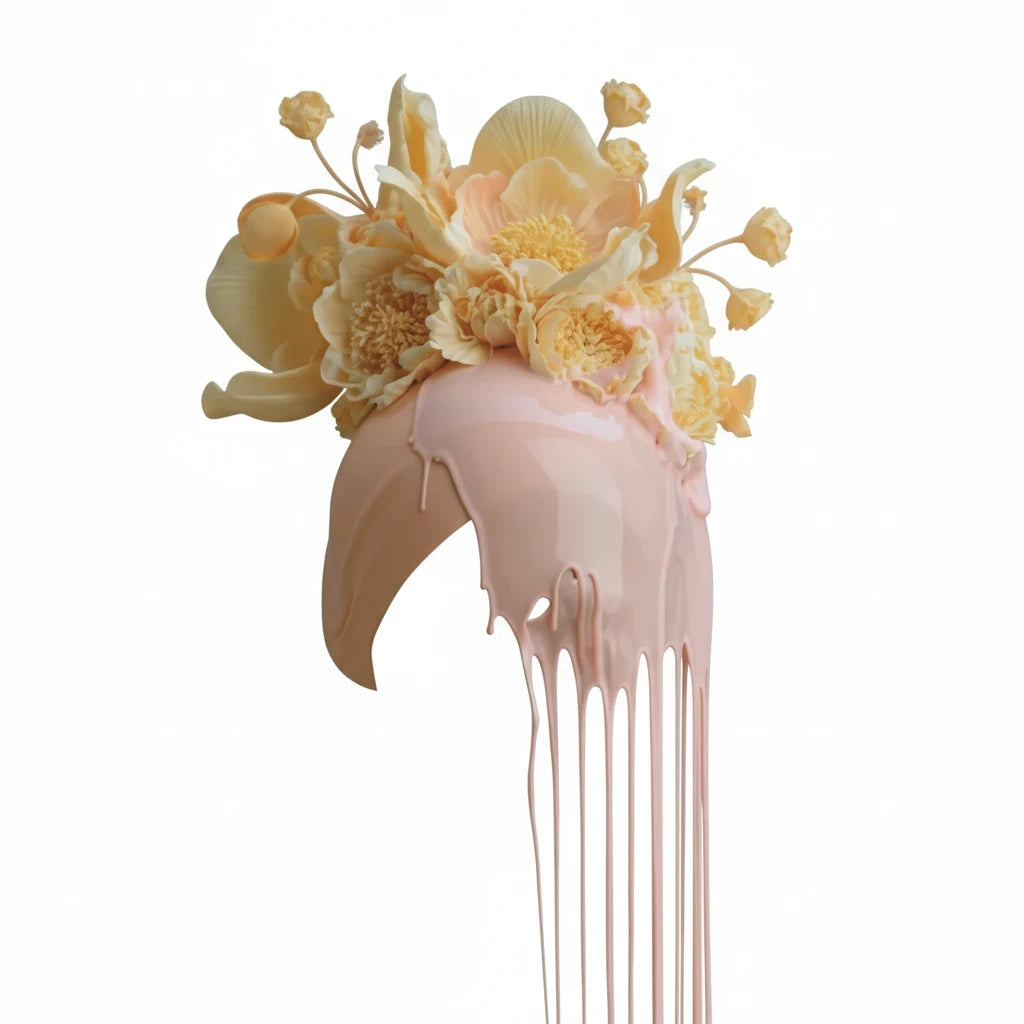 PURETE hardcover journal featuring a surreal design of pale pink paint dripping over a floral arrangement