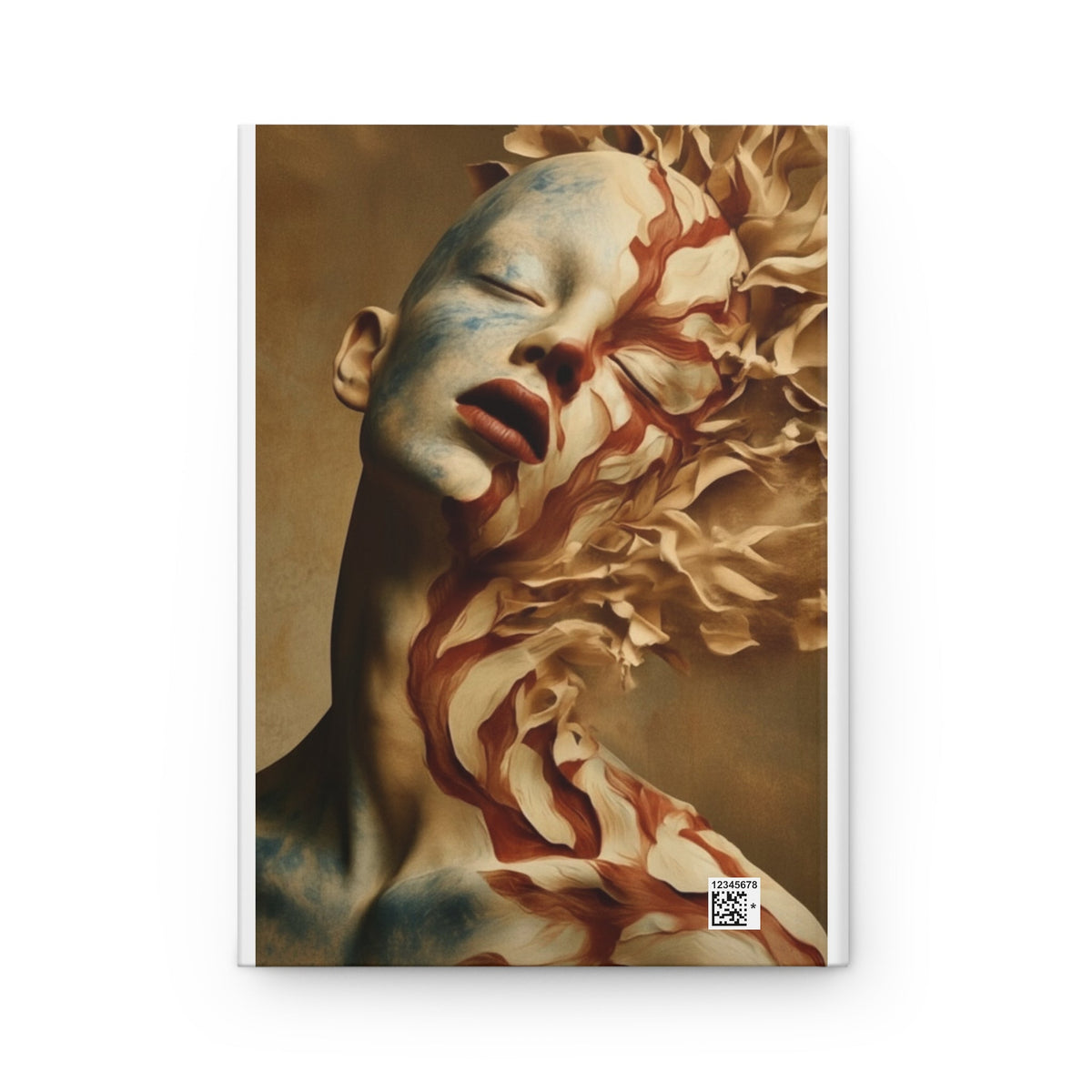 PURETE hardcover journal with a matte finish featuring an artistic portrait of a person with blue and red floral art.