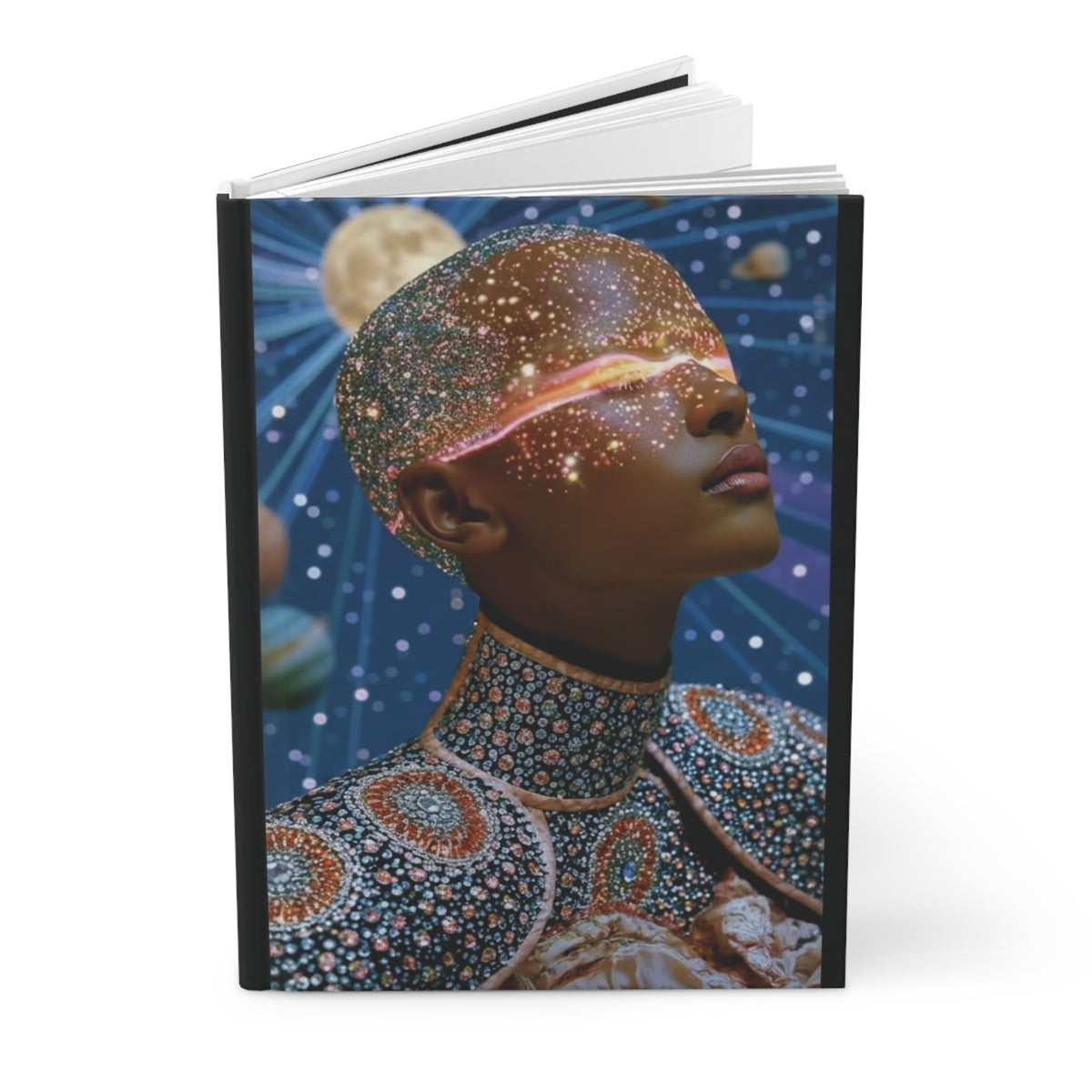 PURETE hardcover journal featuring a cosmic space-themed portrait of a woman with sparkling celestial skin and attire.