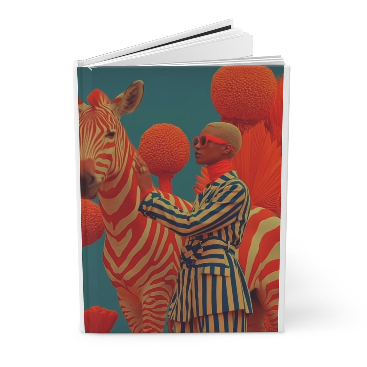 PURETE hardcover journal featuring a surreal artistic print of a person in a striped suit with a zebra in orange