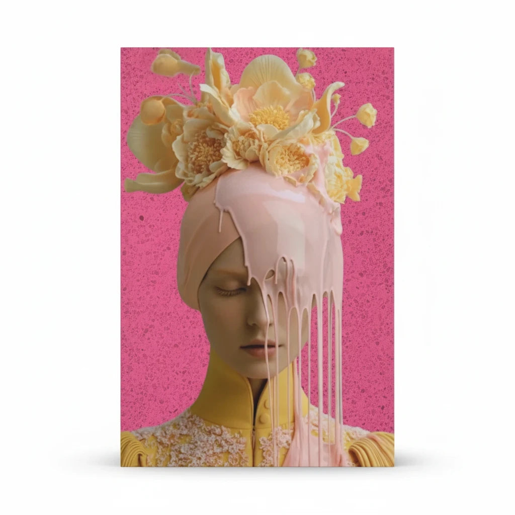 PURETE hardcover journal featuring a surreal portrait of a woman with a floral headpiece and dripping pink paint.