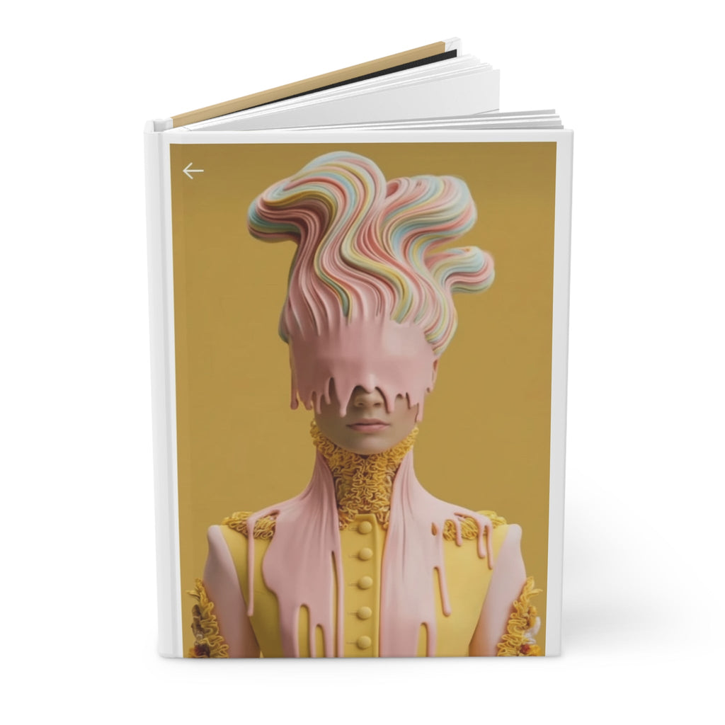 PURETE hardcover journal with a matte finish featuring a surreal portrait of a woman with pastel melting hair.