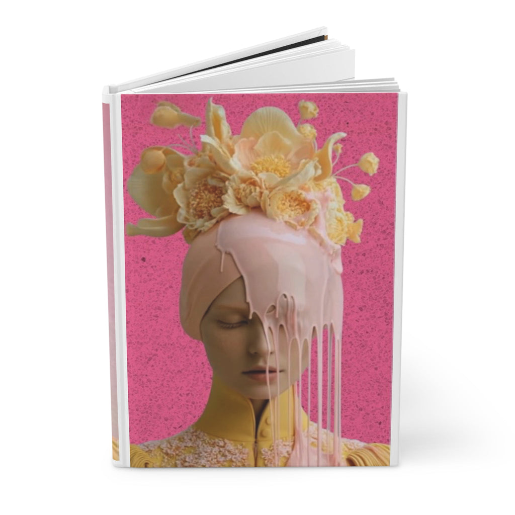 PURETE hardcover journal featuring a surreal art print of a woman with a floral headpiece and dripping pink liquid