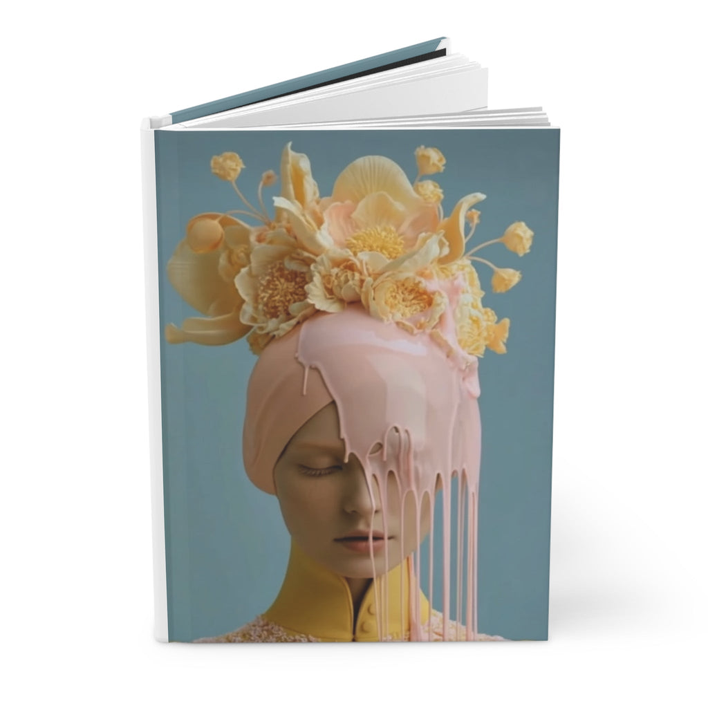 PURETE hardcover journal with a matte finish featuring a surreal artistic portrait of a woman with floral headpiece