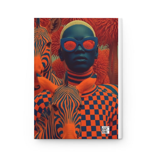 PURETE hardcover journal featuring a vibrant orange and blue surreal portrait of a person with zebras and patterns.
