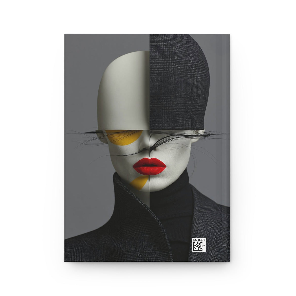 PURETE hardcover journal with a matte finish featuring a surrealist portrait of a woman in a black plaid blazer