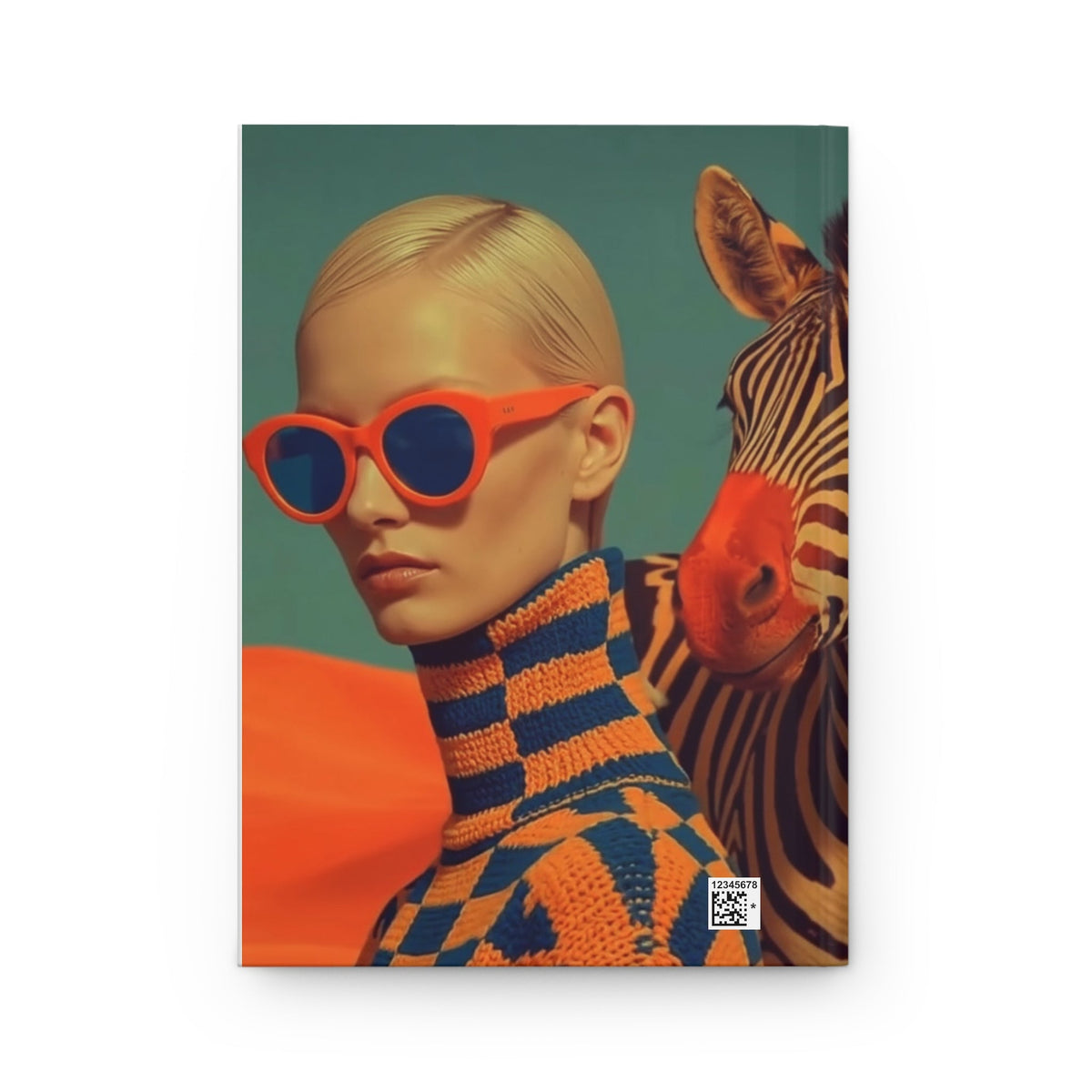 PURETE hardcover journal featuring a stylish woman in orange sunglasses and a patterned sweater next to a zebra.