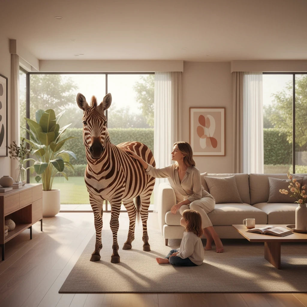 PURETE hardcover journal with a matte finish and custom zebra print design, displayed in a bright modern living room.
