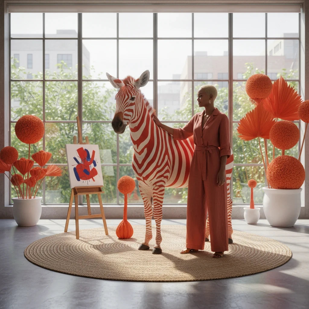 PURETE matte hardcover journal featuring a custom red and white zebra print design in a bright, artistic studio space.