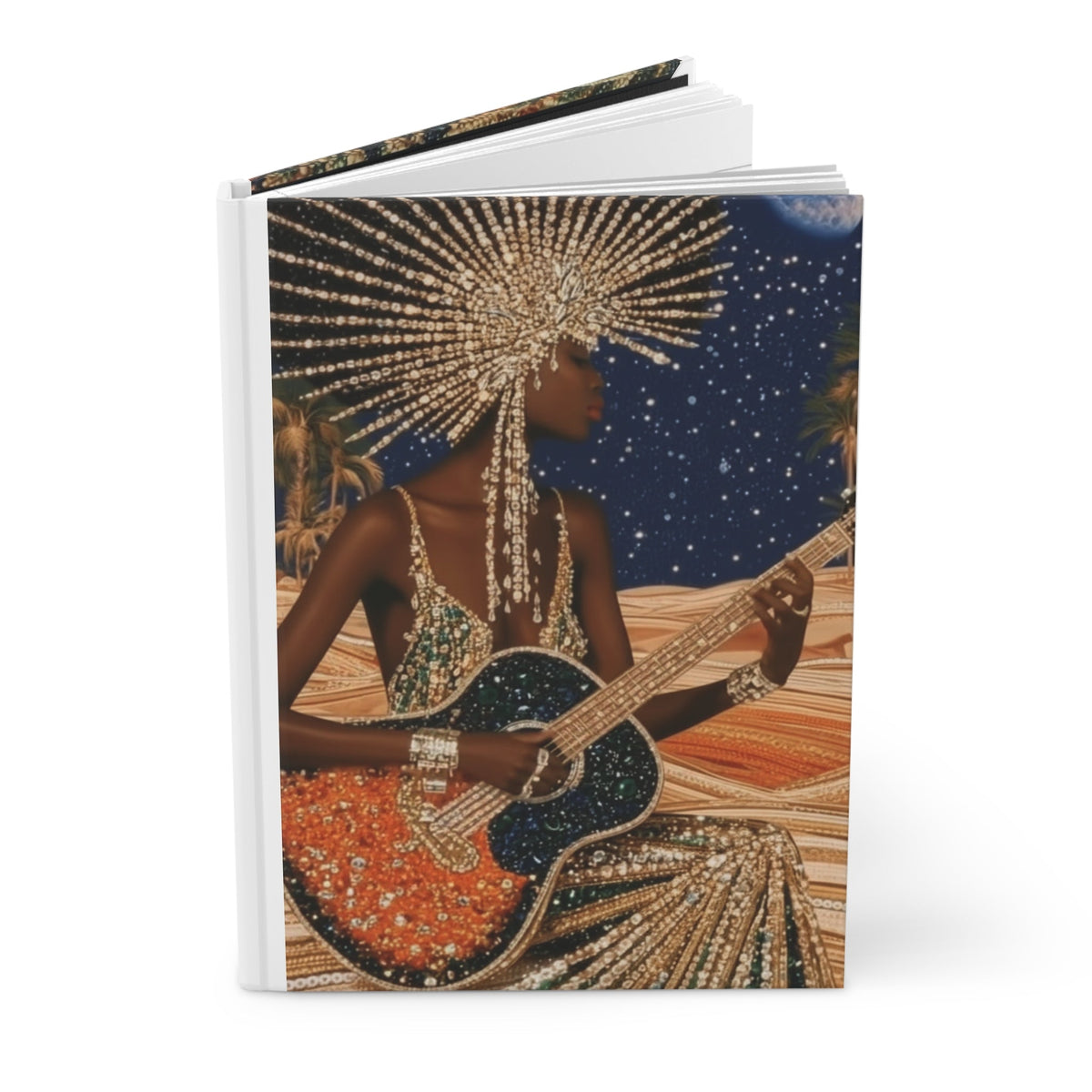 PURETE hardcover journal featuring a woman playing a guitar in a starry desert landscape with a matte finish